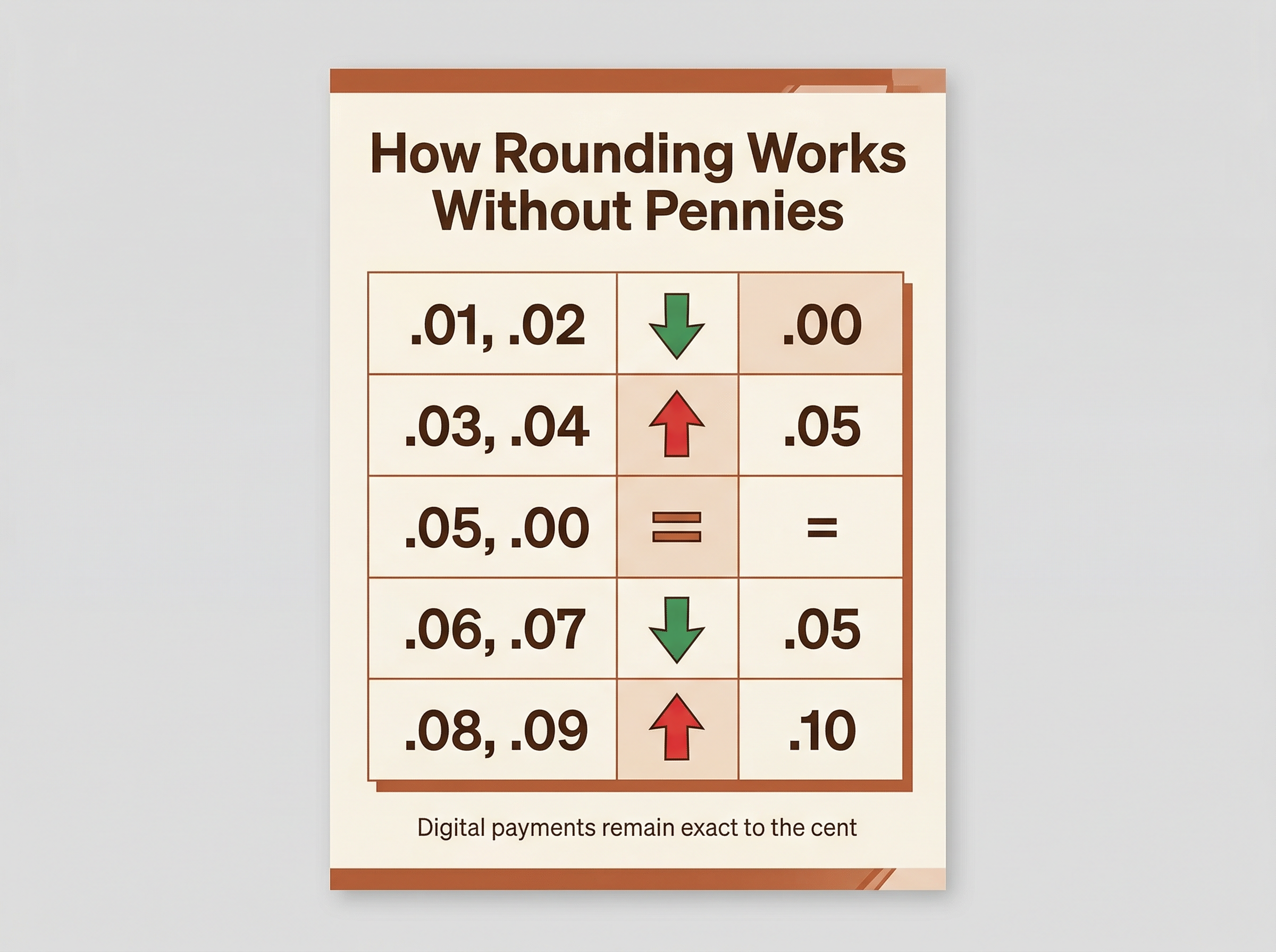 Infographic explaining the Canadian rounding model: how cash prices ending in .01-.09 round to the nearest nickel, while digital payments stay exact