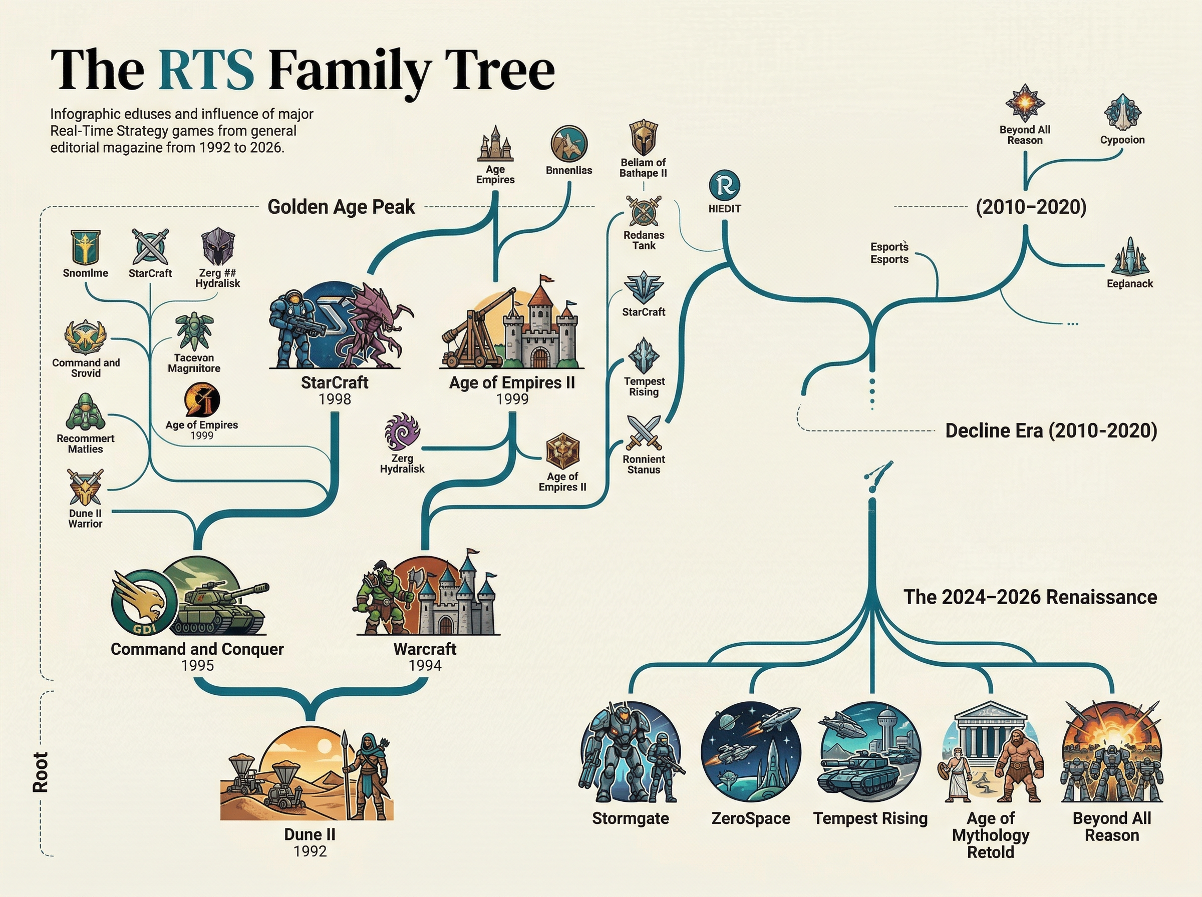 Infographic showing the RTS family tree from Dune II (1992) through the golden age to the 2024-2026 renaissance