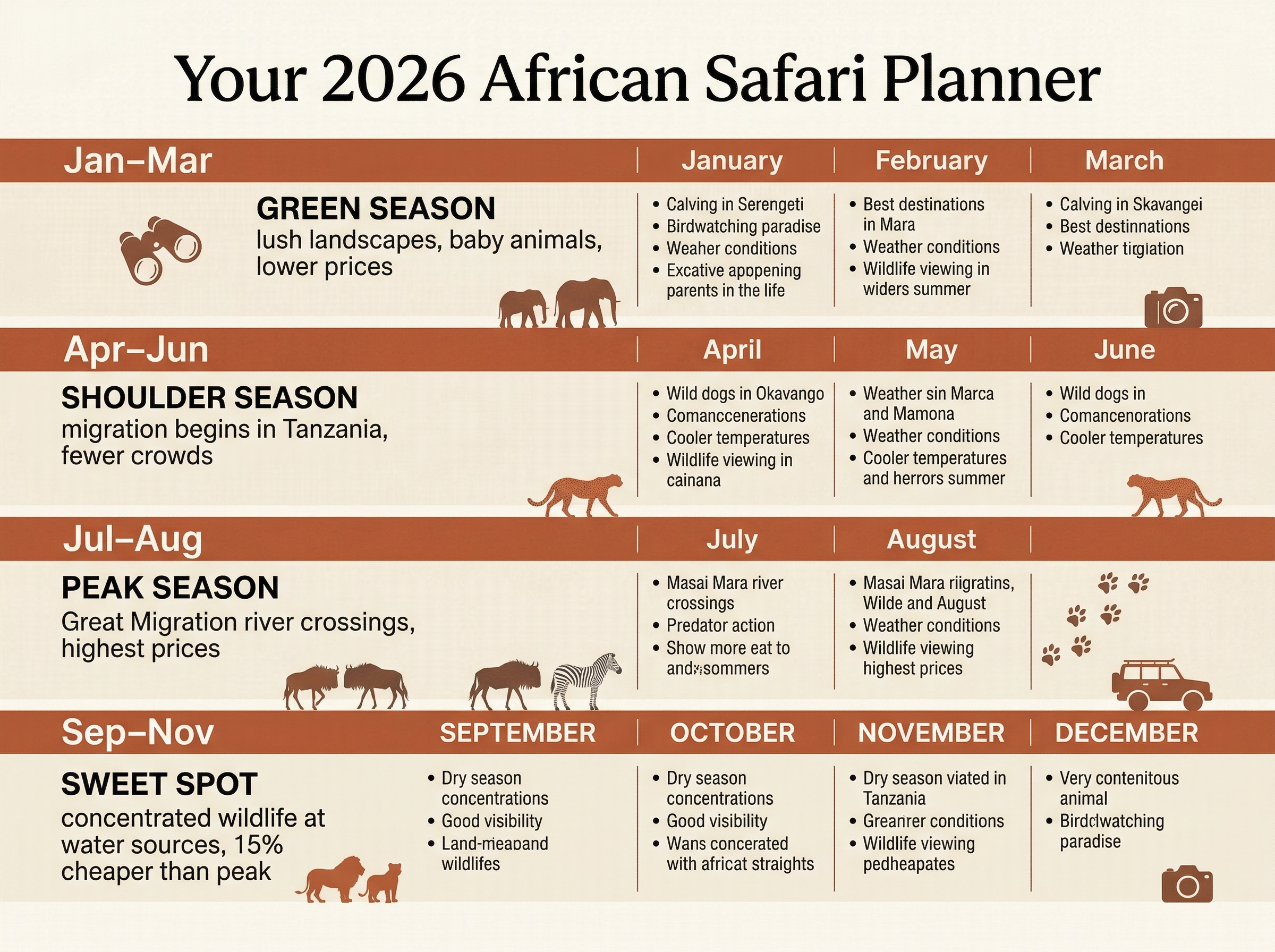 Infographic showing month-by-month guide to African safari seasons, from Green Season through Peak and Sweet Spot periods