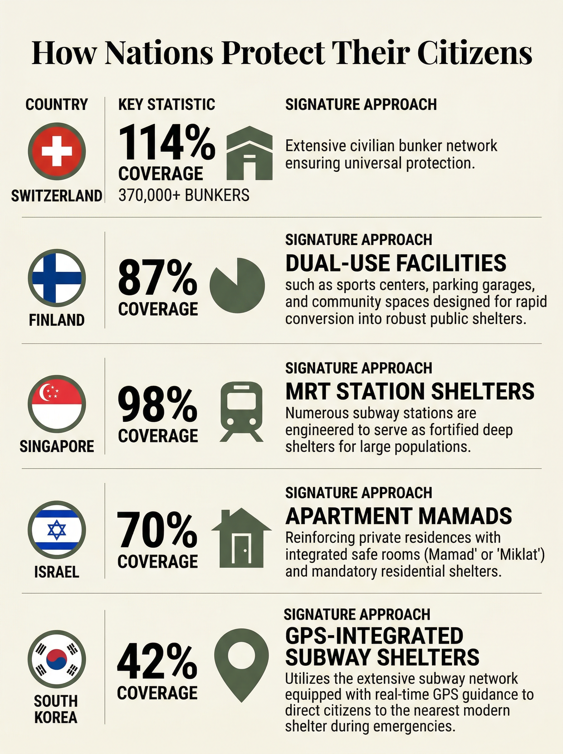 Infographic comparing bomb shelter approaches across five countries: Switzerland, Finland, Singapore, Israel, and South Korea