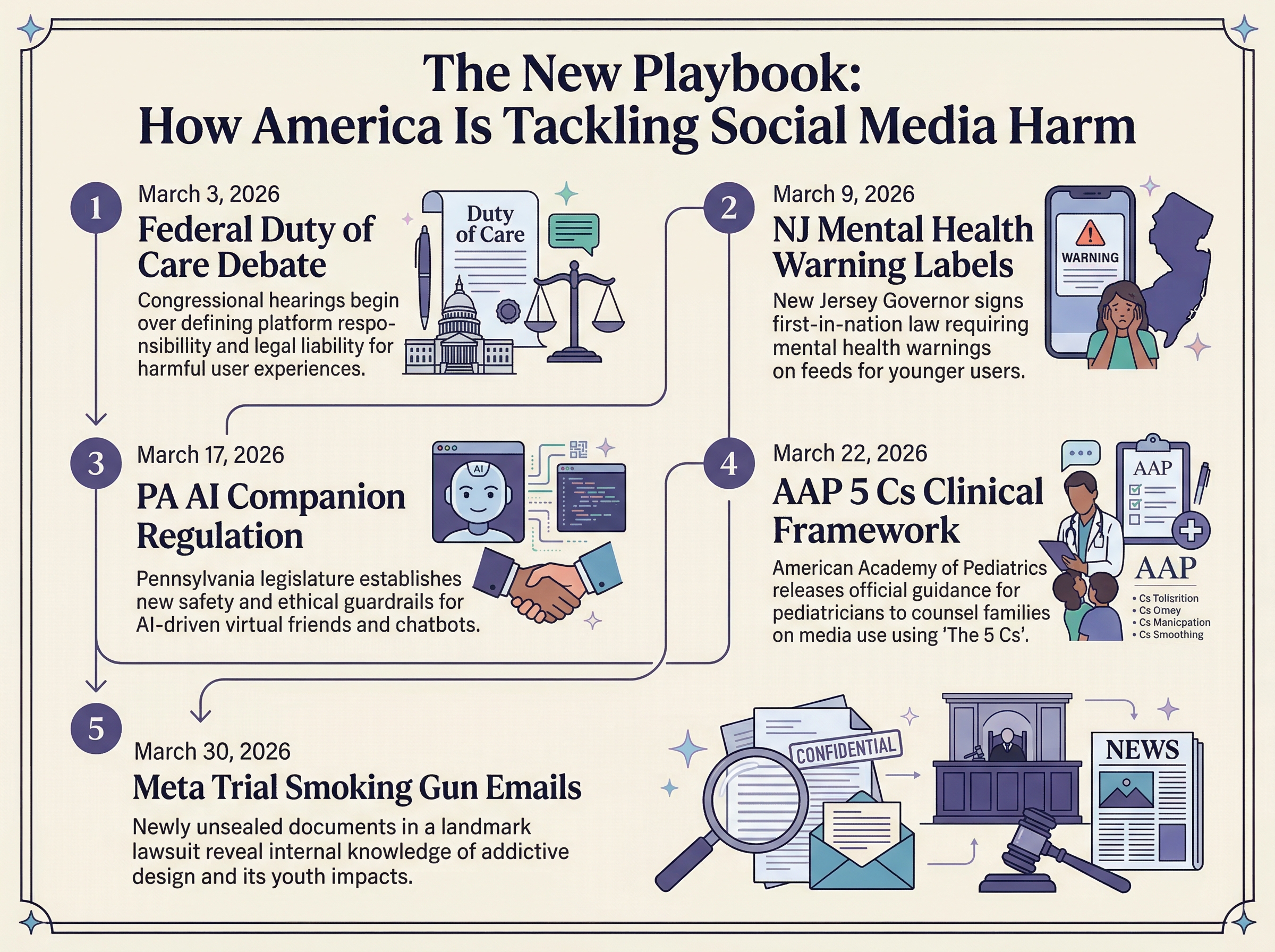 Infographic showing the five-pronged approach America is taking to tackle social media harm in March 2026: Federal Duty of Care, State Warning Labels, AI Companion Regulation, Clinical Framework Update, and Courtroom Accountability