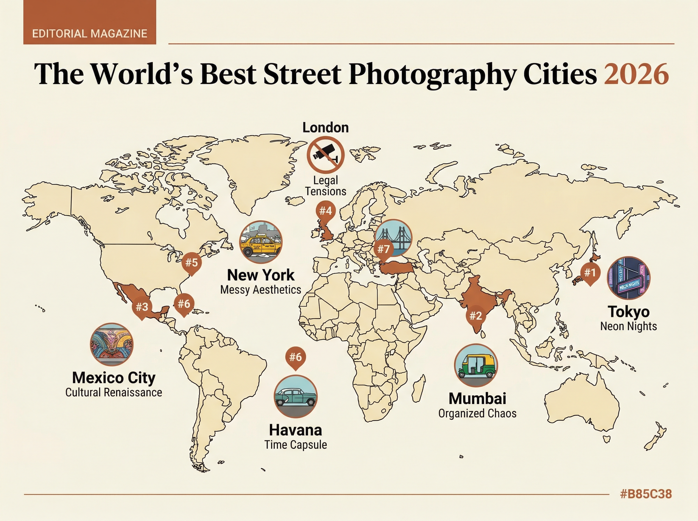 Infographic showing the world's best street photography cities in 2026 with descriptors — Tokyo as Neon Nights, Mumbai as Organized Chaos, Mexico City as Cultural Renaissance