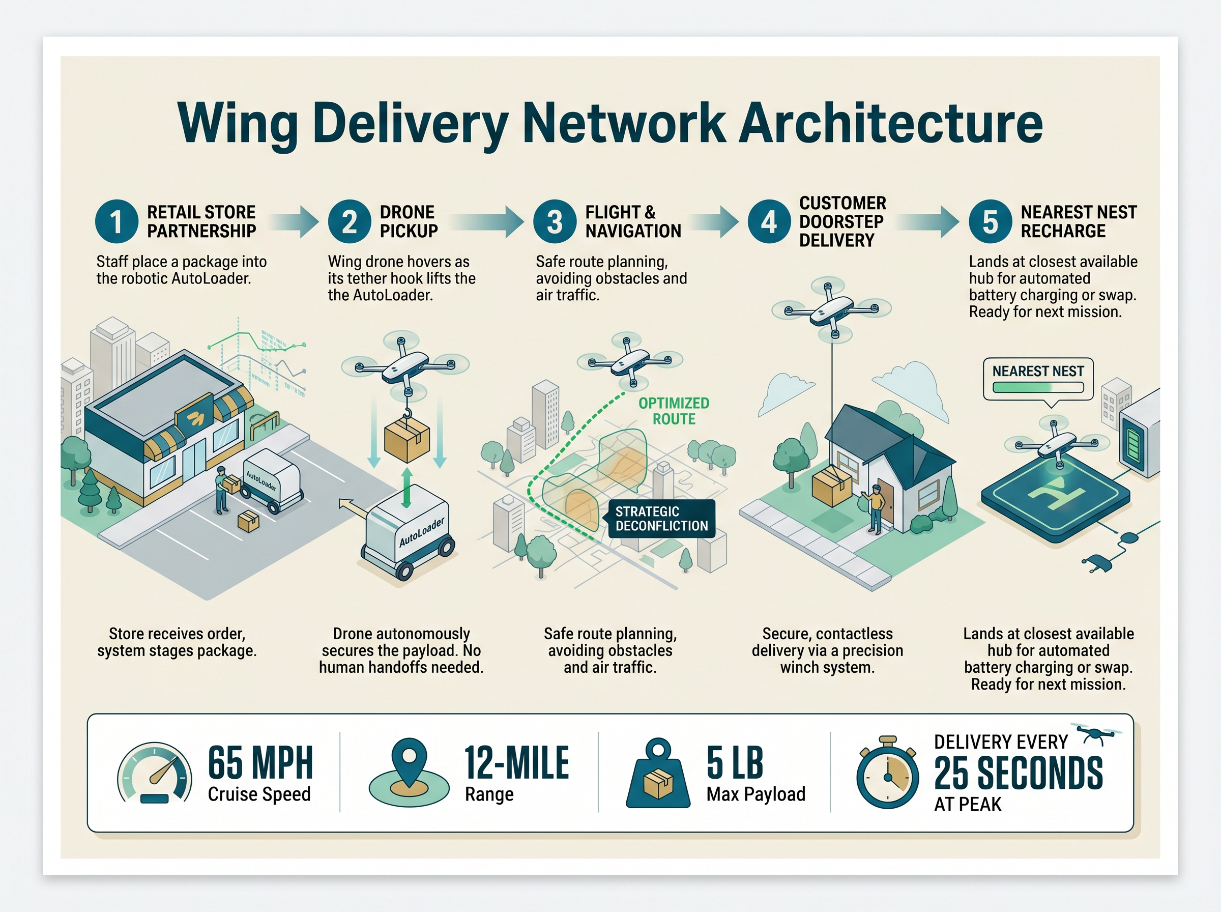 Infographic showing Wing Delivery Network architecture with Nests, AutoLoaders, strategic deconfliction, and delivery flow
