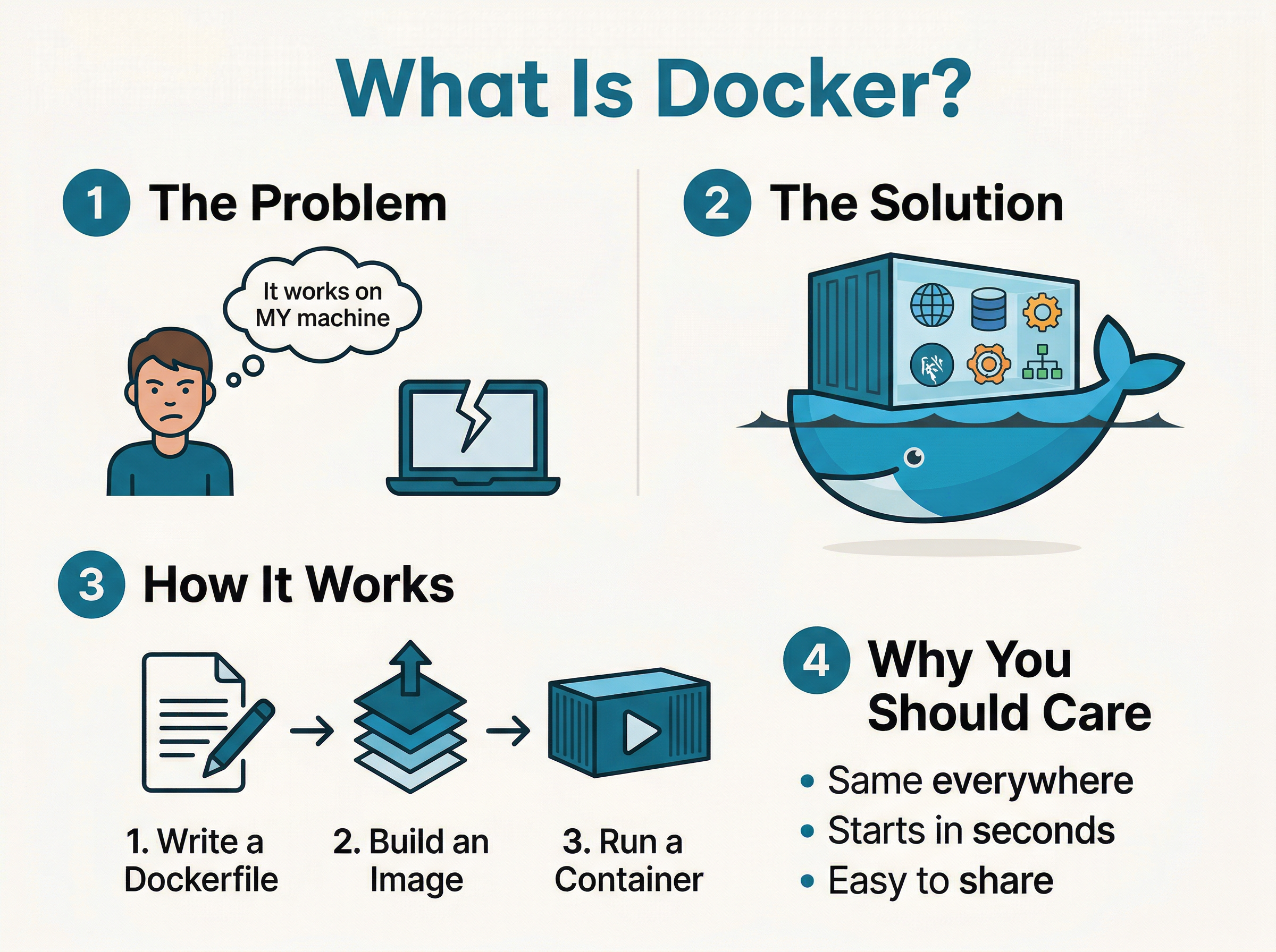 Infographic explaining What Is Docker in 4 steps: The Problem (it works on my machine), The Solution (containers), How It Works (Dockerfile to Image to Container), and Why You Should Care