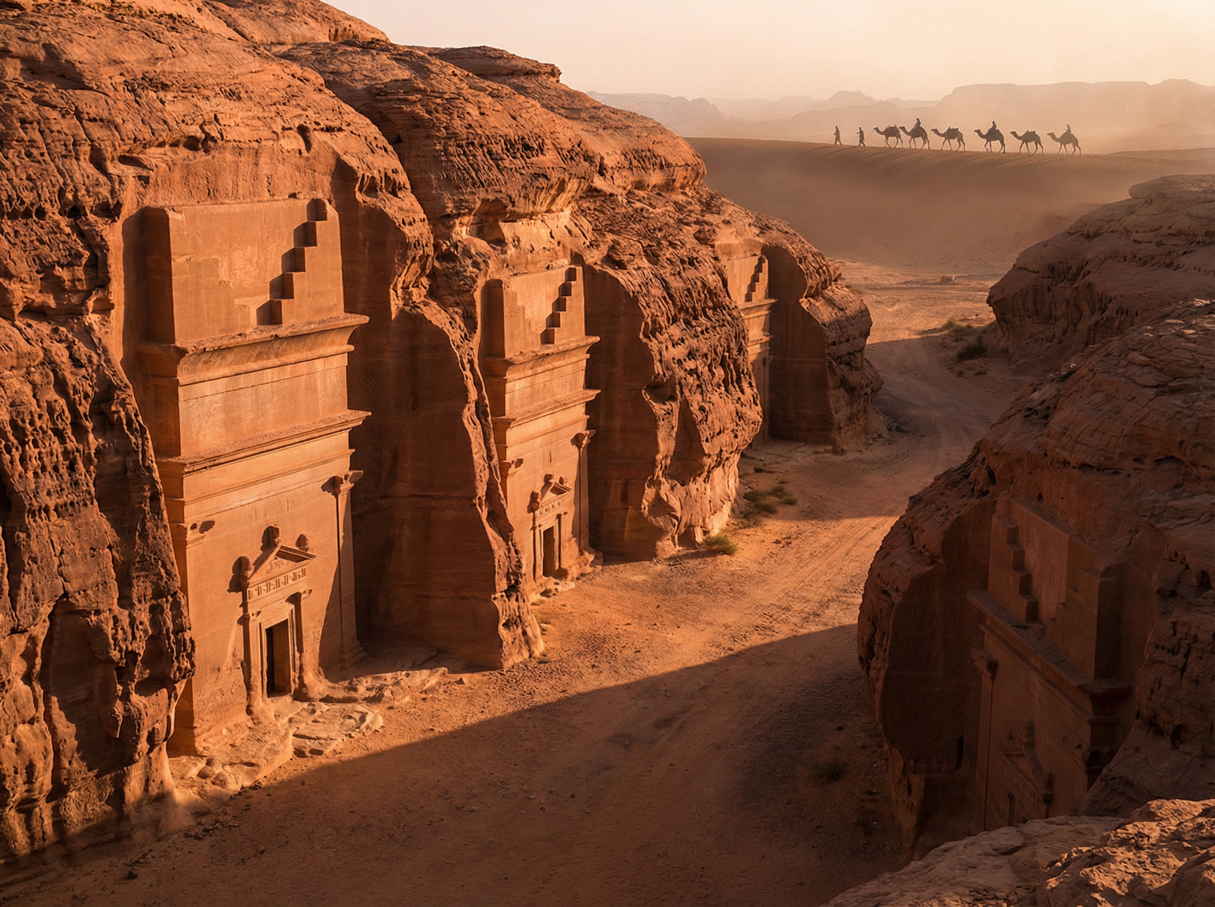 Ancient Nabataean tomb facades carved into rose-gold sandstone cliffs at Hegra