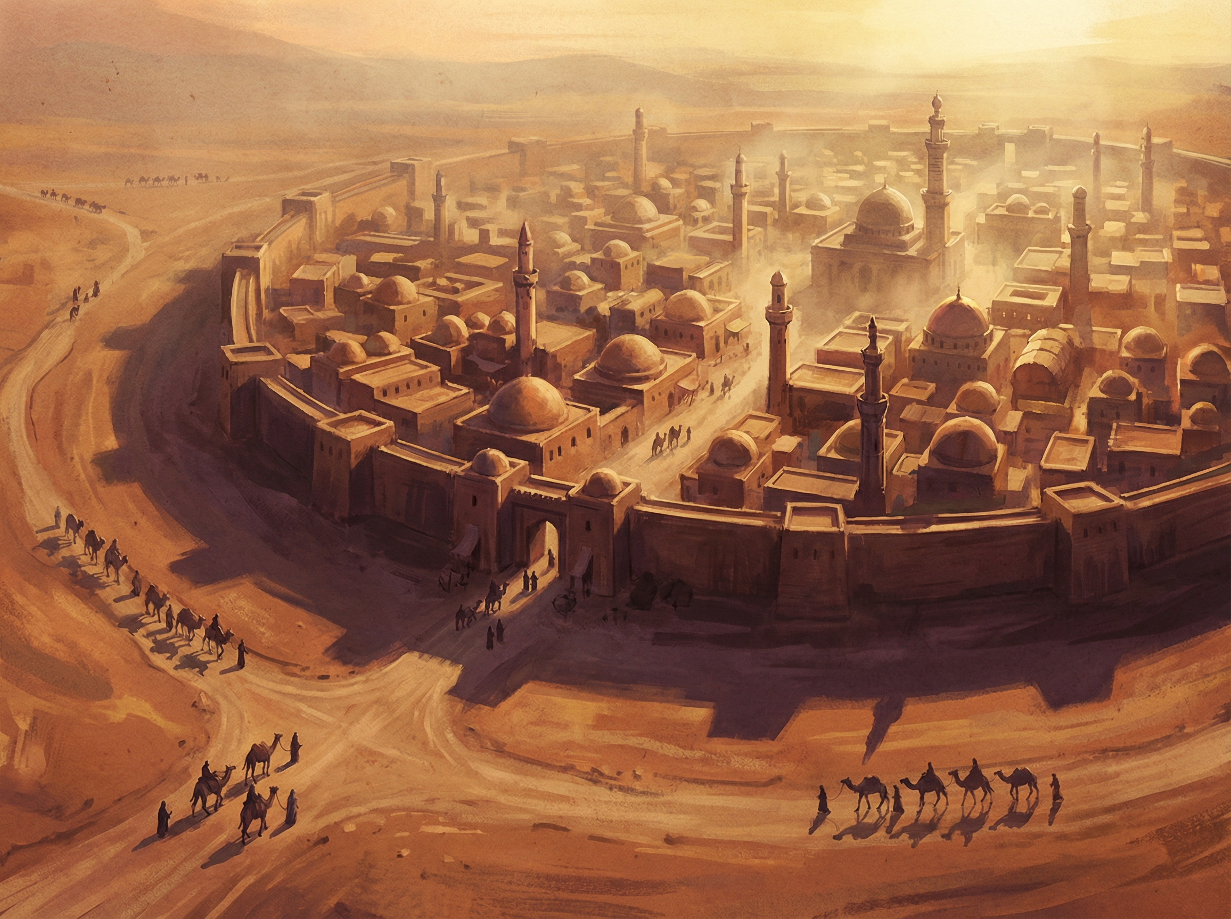 Ancient Arabian city at dawn with domed buildings, minarets, and pilgrimage caravans approaching