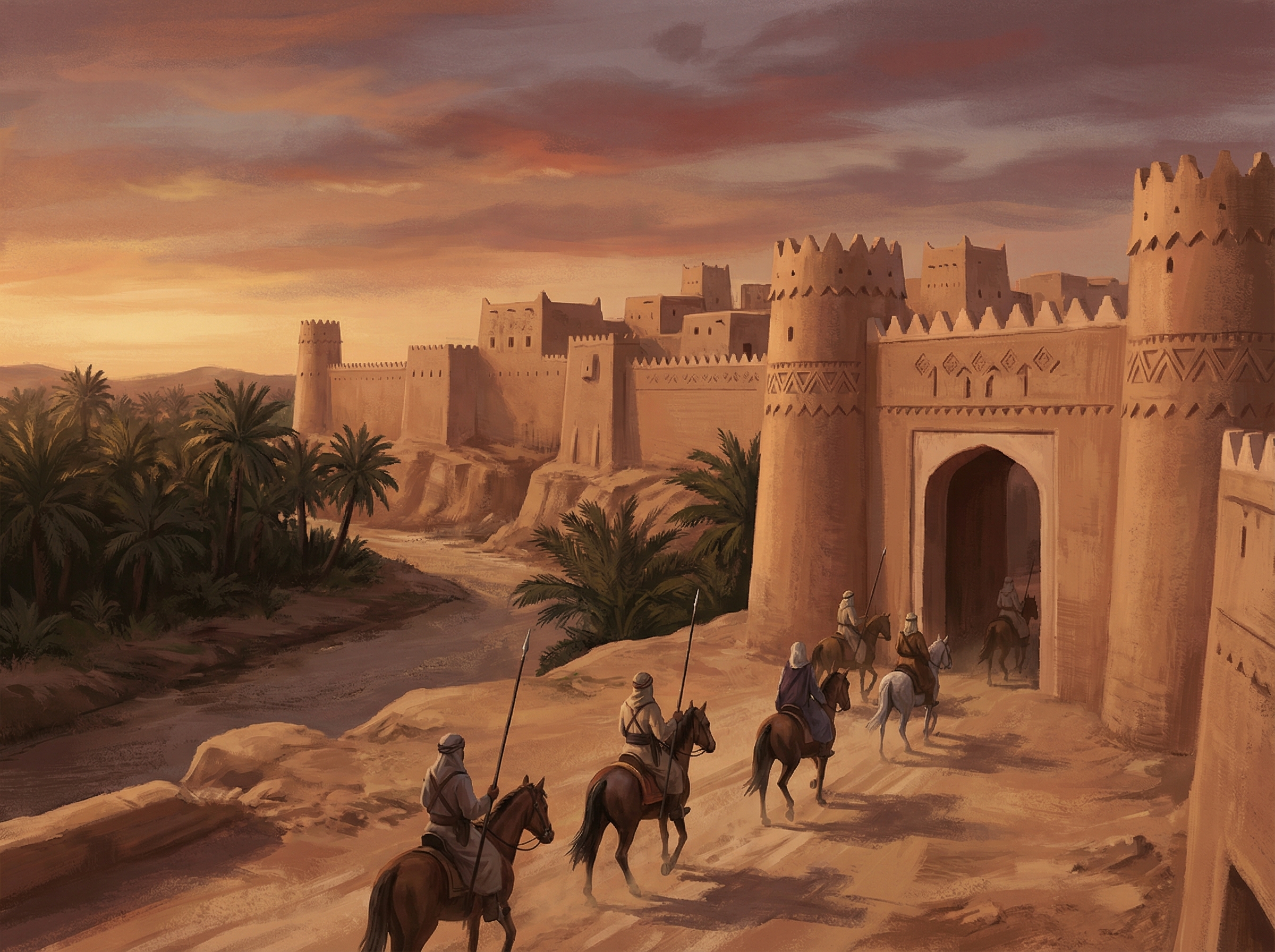 Ancient mud-brick fortress city of Diriyah at sunset with Najdi architecture and palm groves