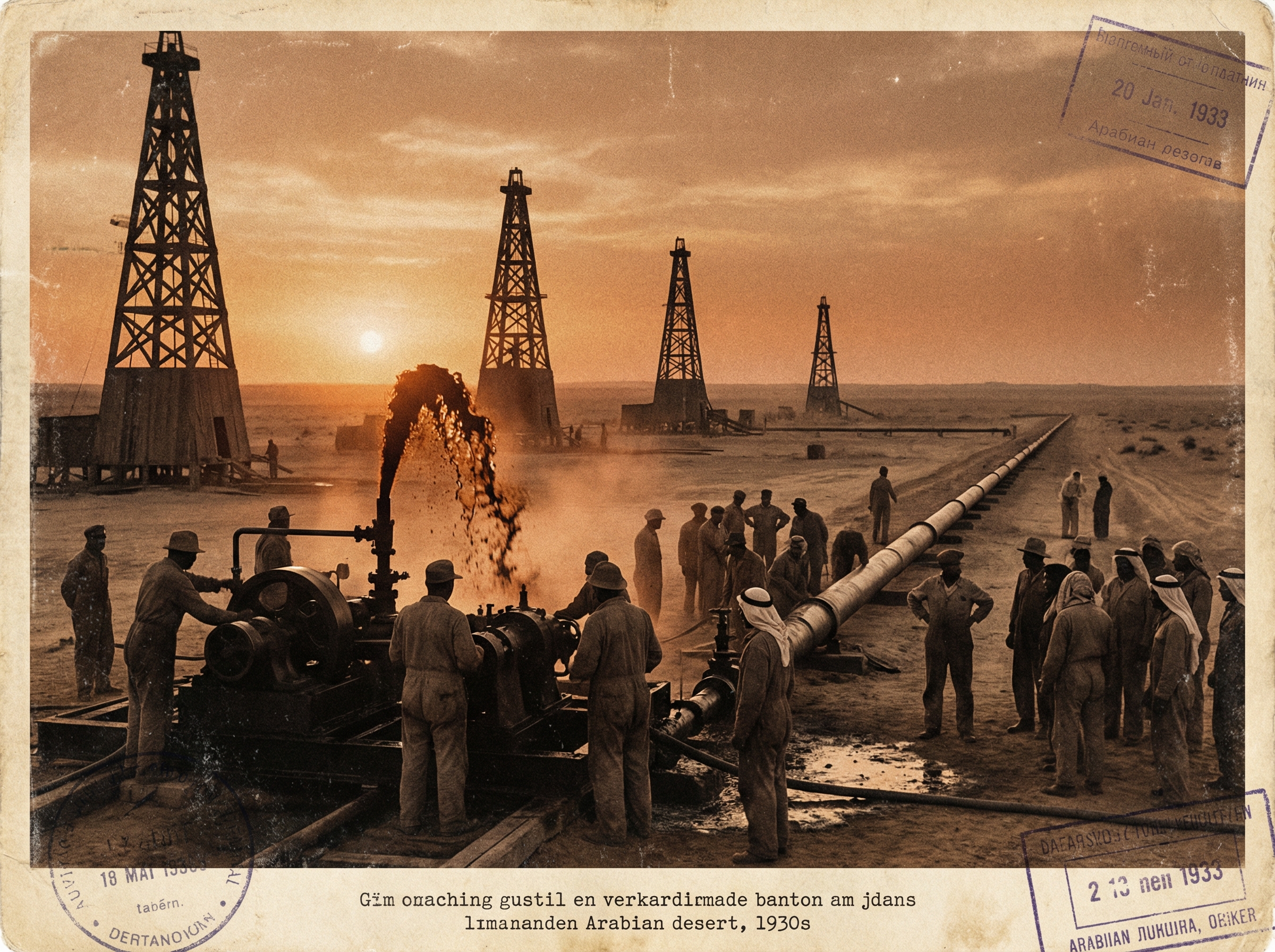 Early oil derricks rising from Arabian desert against amber sunset, vintage industrial photography style