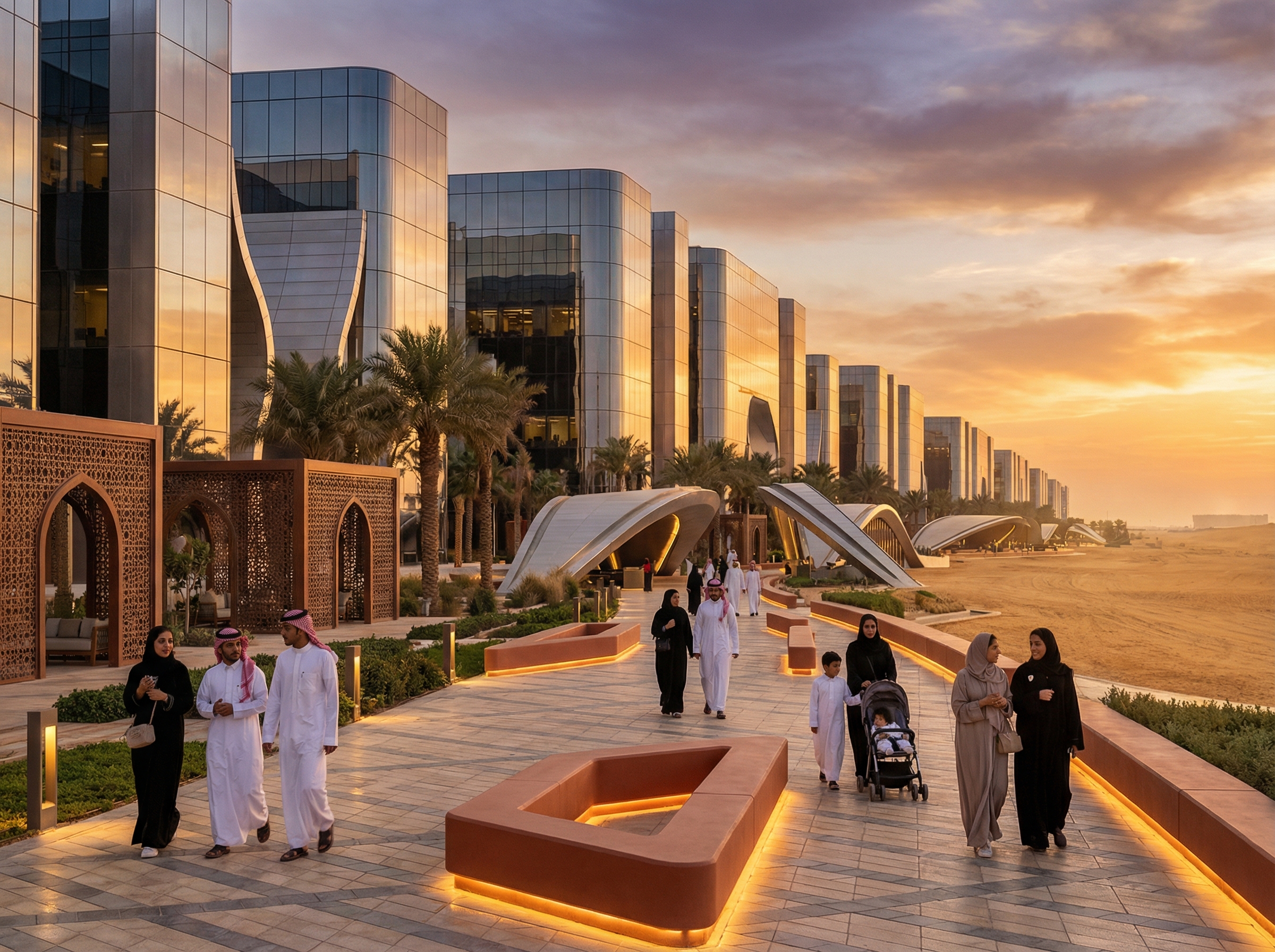 Futuristic NEOM linear city stretching across desert landscape, gleaming architecture at sunset