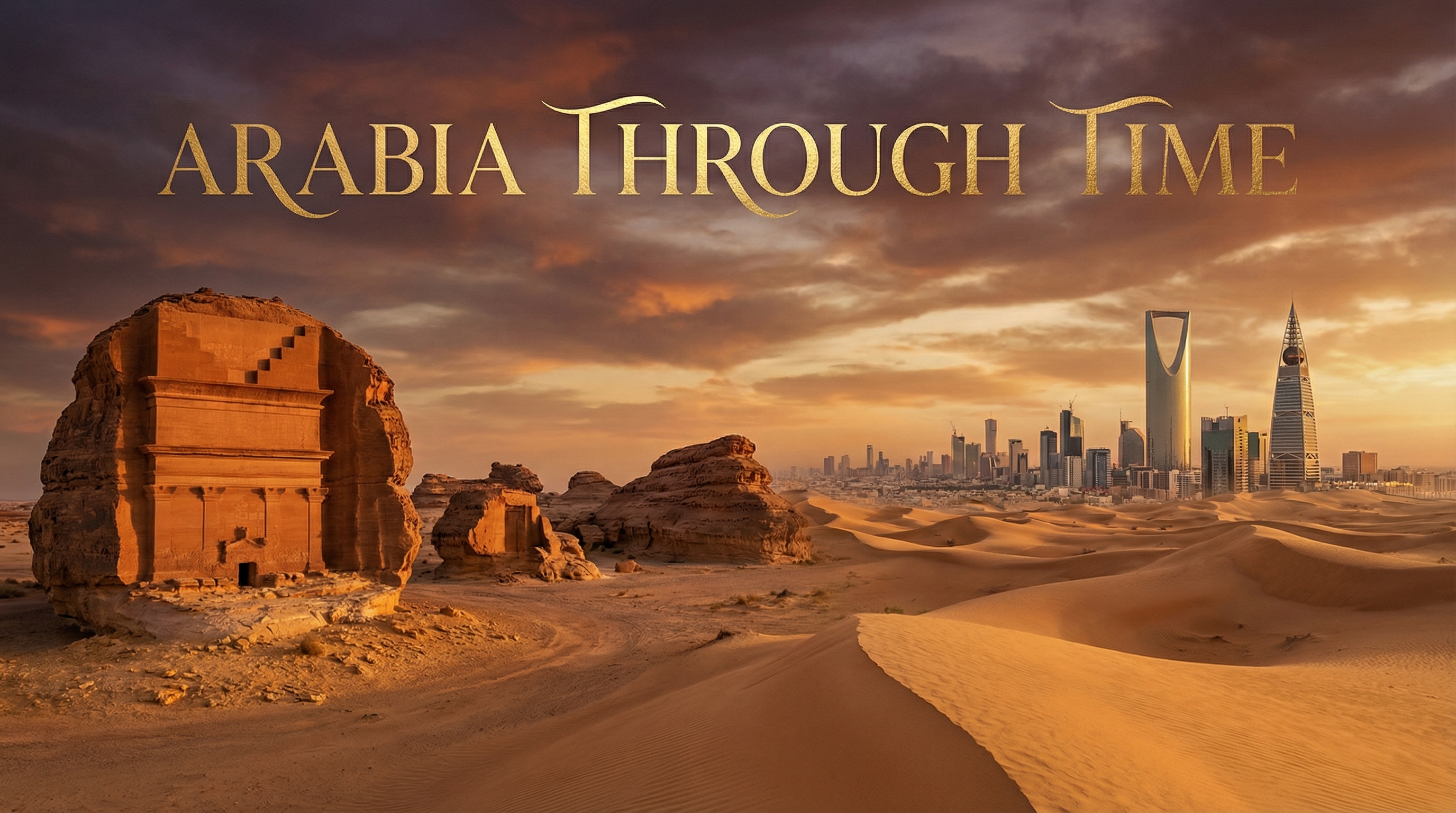 Panoramic view spanning ancient Arabian sandstone ruins to modern Riyadh skyline, connected by golden desert dunes