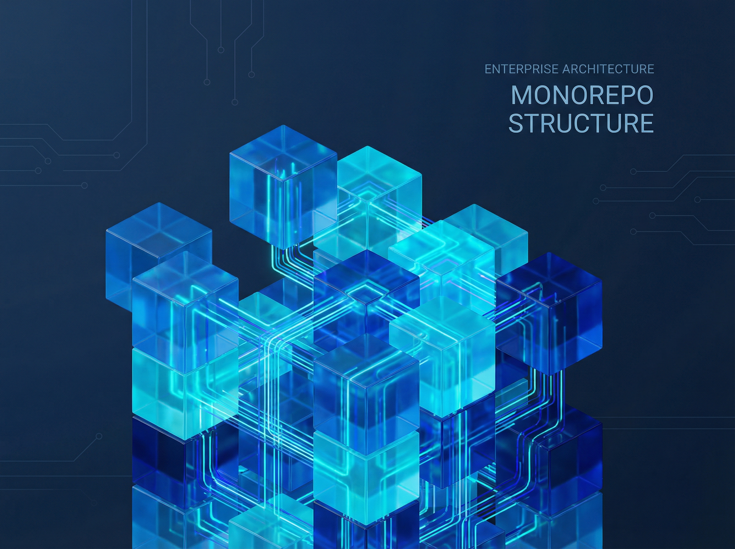 Abstract enterprise software architecture with interconnected nodes and glowing data flows