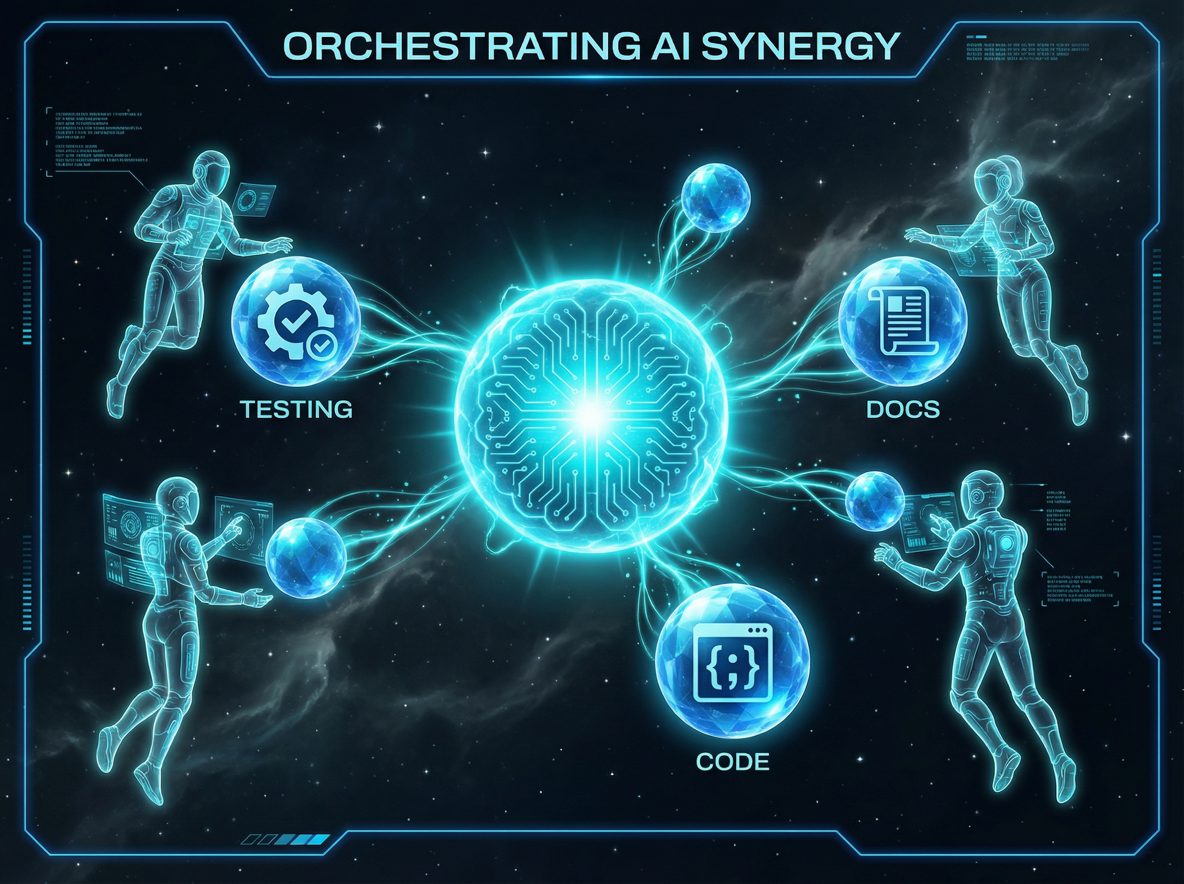 Central AI orb spawning smaller specialized agent orbs in a constellation pattern