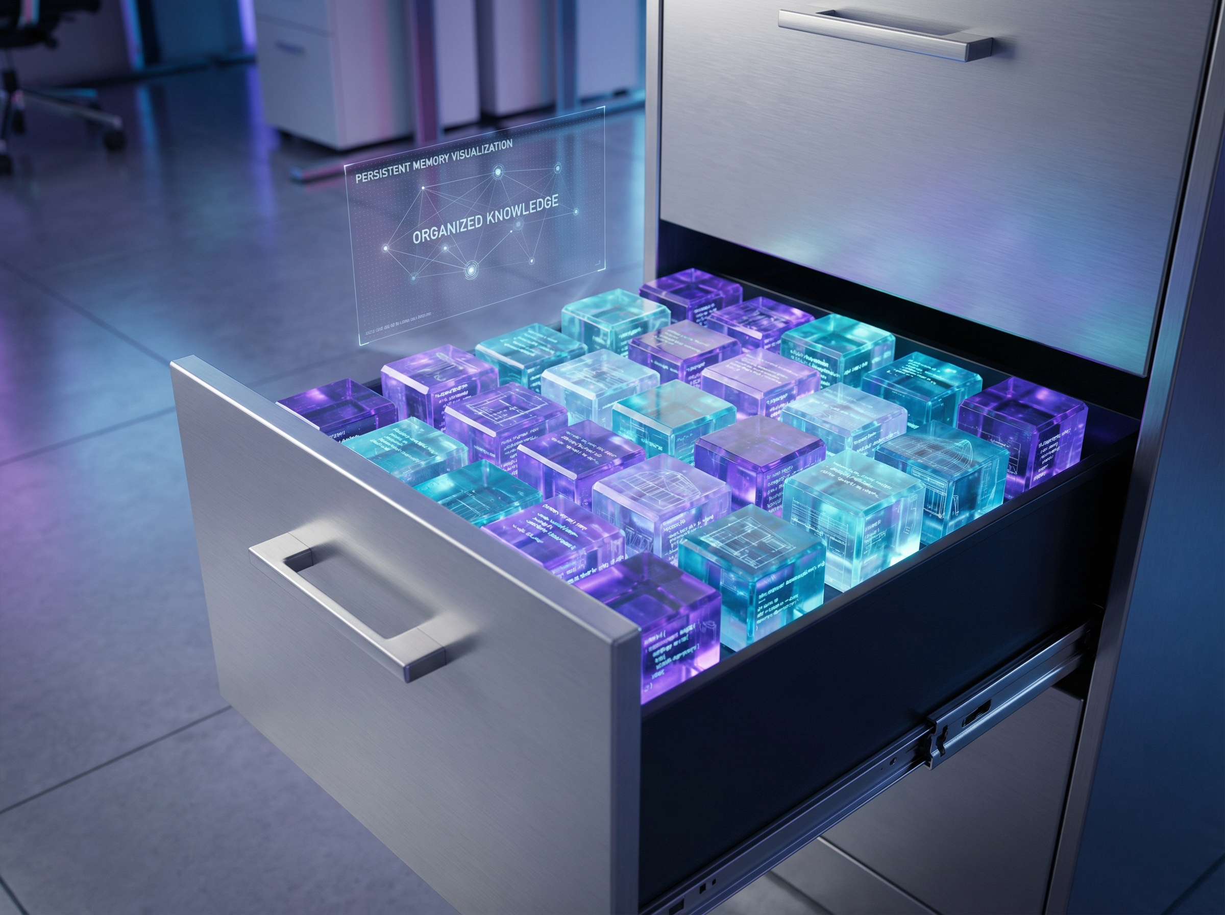 Filing cabinet with glowing memory crystals containing code snippets