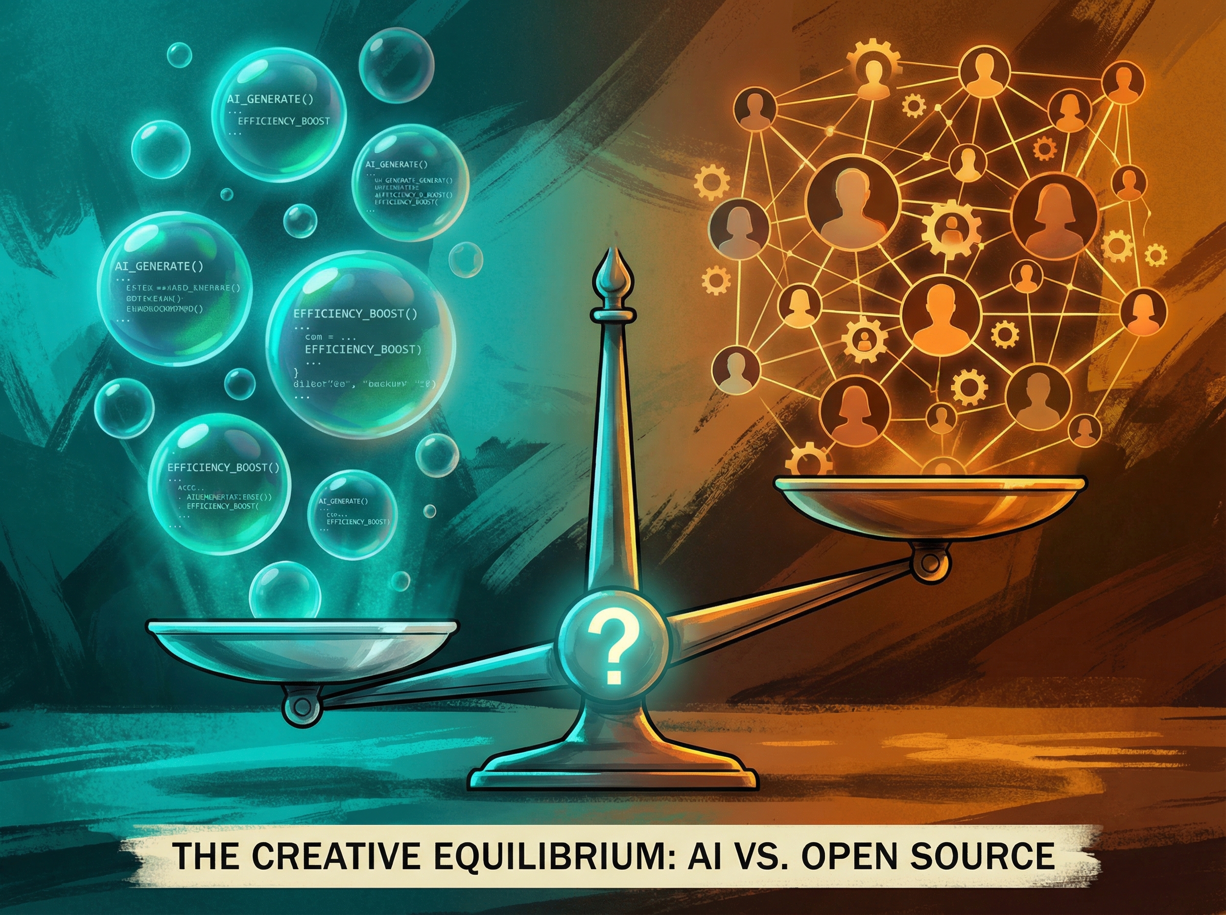 Balance scale with AI code bubbles on one side and human community silhouettes on the other