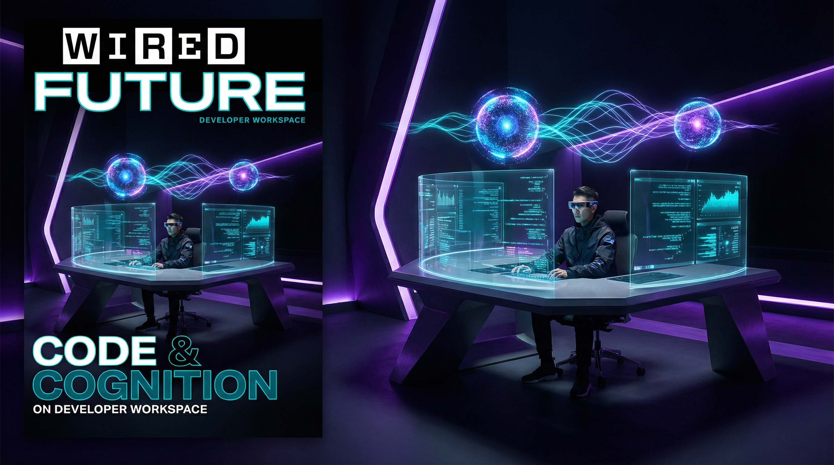 Futuristic developer workspace with AI agents working in parallel, holographic code floating in air with electric cyan accents