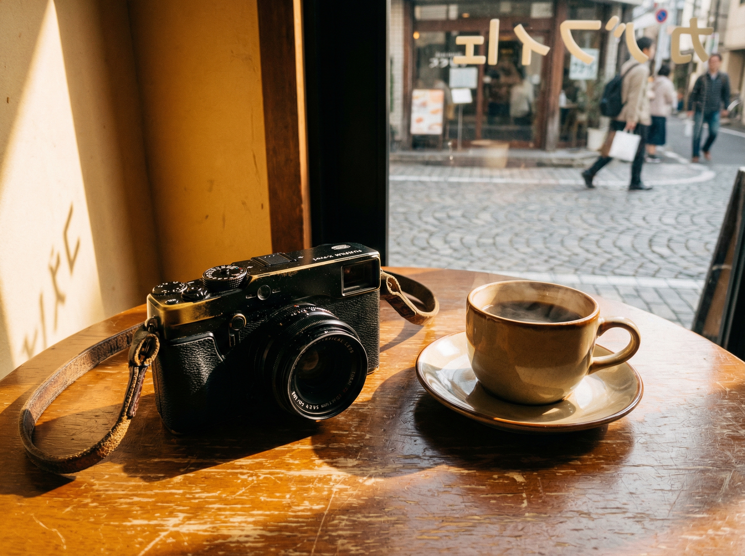 Fujifilm X-Pro camera on a cafe table in warm afternoon light